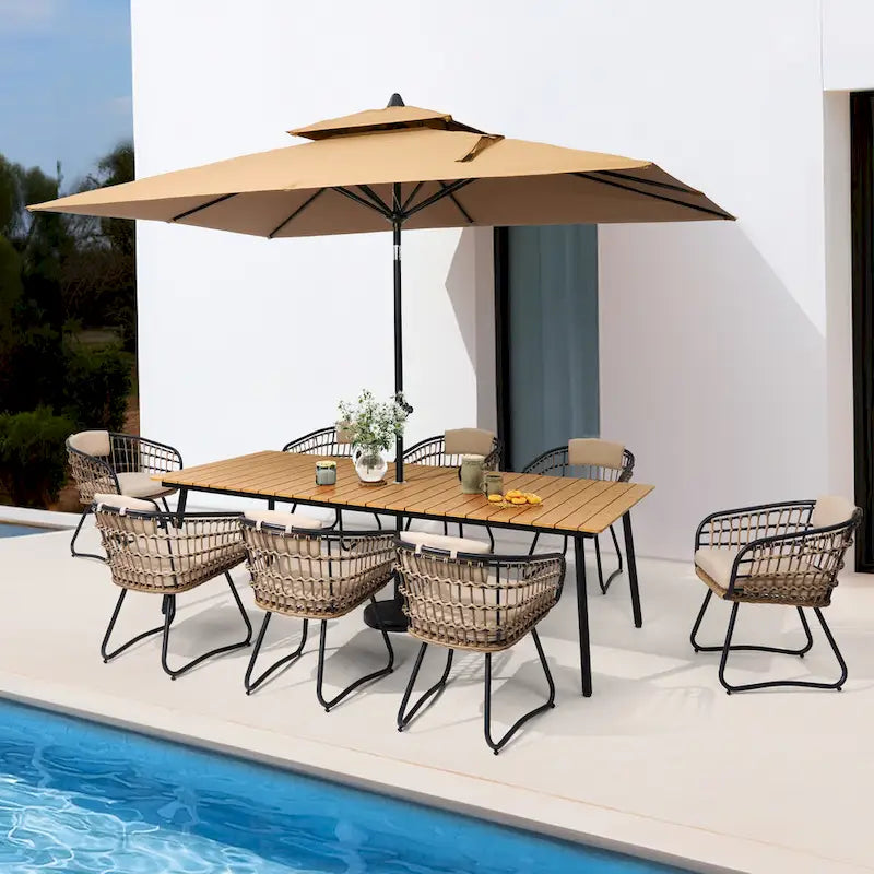 Ensemble de salle à manger d'extérieur 9 pièces avec table rectangulaire en aluminium, trou pour parasol et chaises en rotin