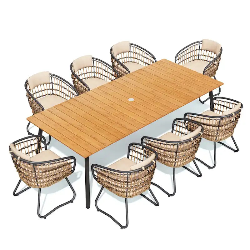 Ensemble de salle à manger d'extérieur 9 pièces avec table rectangulaire en aluminium, trou pour parasol et chaises en rotin