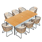 Ensemble de salle à manger d'extérieur 9 pièces avec table rectangulaire en aluminium, trou pour parasol et chaises en rotin