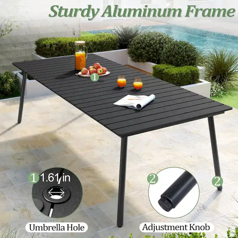 Ensemble de salle à manger d'extérieur 9 pièces avec table rectangulaire en aluminium, trou pour parasol et chaises en rotin