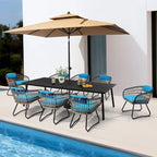 Ensemble de salle à manger d'extérieur 9 pièces avec table rectangulaire en aluminium, trou pour parasol et chaises en rotin