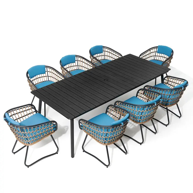 Ensemble de salle à manger d'extérieur 9 pièces avec table rectangulaire en aluminium, trou pour parasol et chaises en rotin