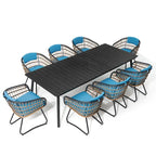 Ensemble de salle à manger d'extérieur 9 pièces avec table rectangulaire en aluminium, trou pour parasol et chaises en rotin