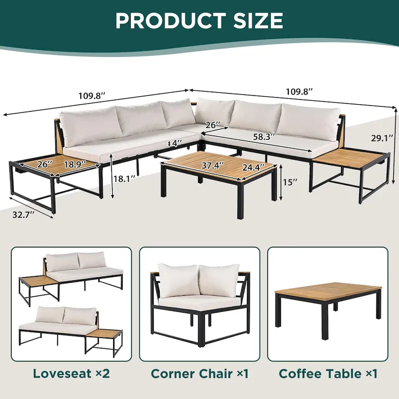 Ensemble de canapé d'extérieur 4 pièces avec coussins imperméables et conception durable en fer et bois
