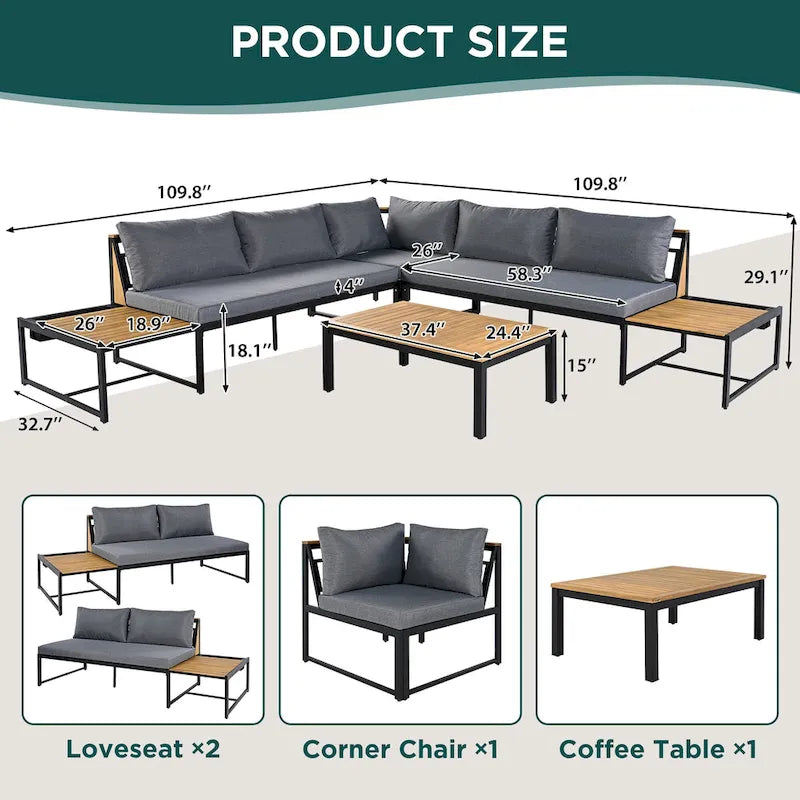 Ensemble de canapé d'extérieur 4 pièces avec coussins imperméables et conception durable en fer et bois