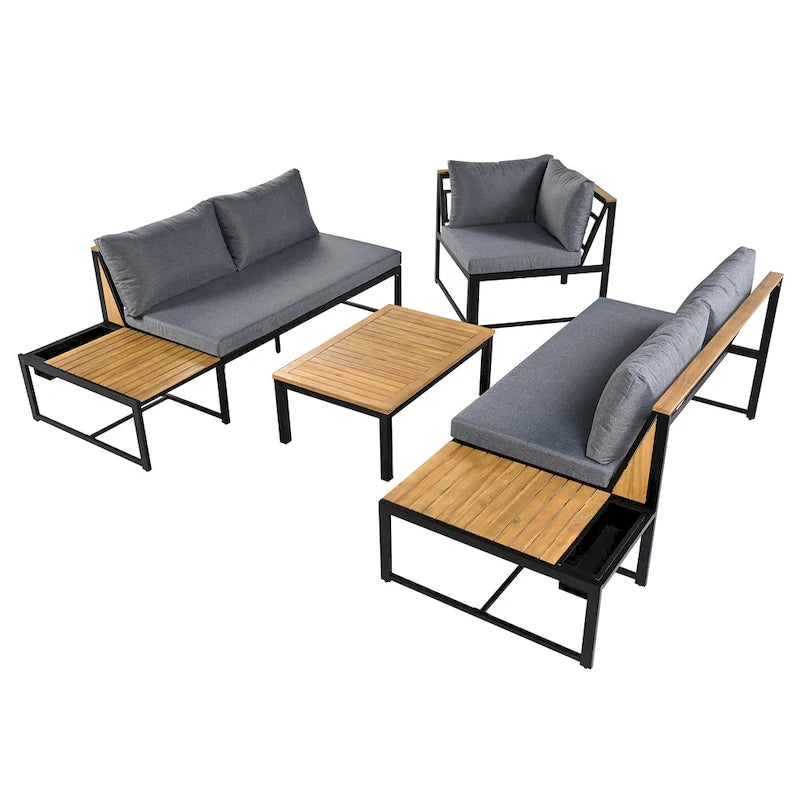 Ensemble de canapé d'extérieur 4 pièces avec coussins imperméables et conception durable en fer et bois