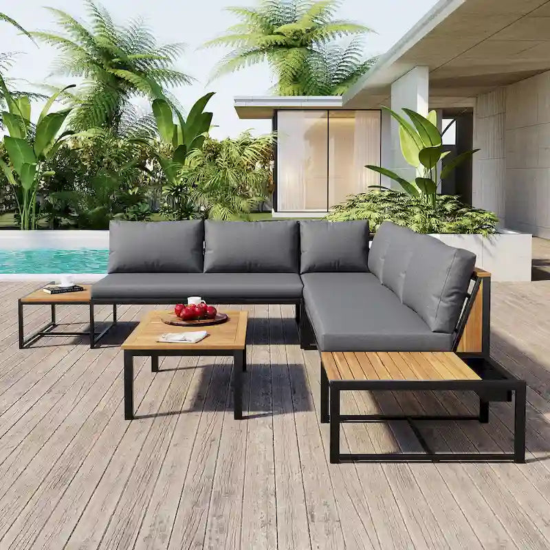Ensemble de canapé d'extérieur 4 pièces avec coussins imperméables et conception durable en fer et bois