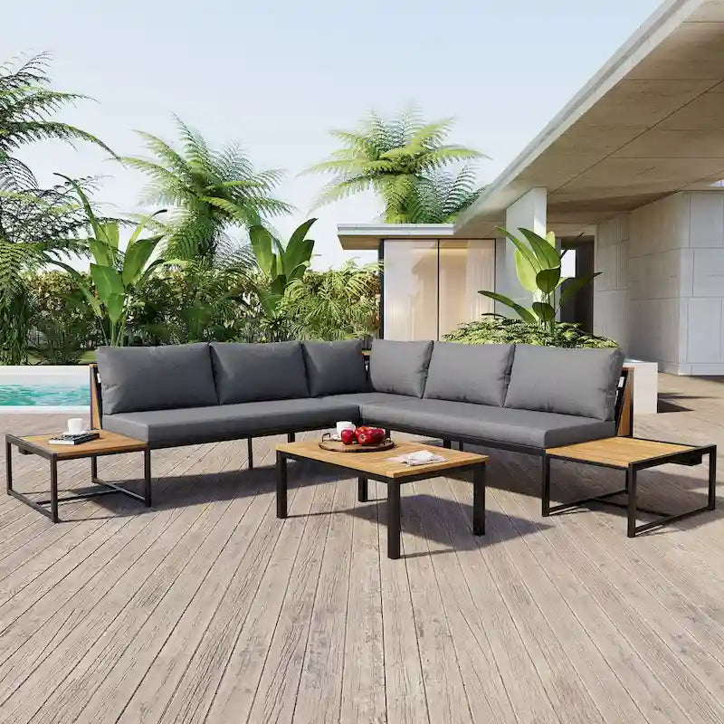 Ensemble de canapé d'extérieur 4 pièces avec coussins imperméables et conception durable en fer et bois
