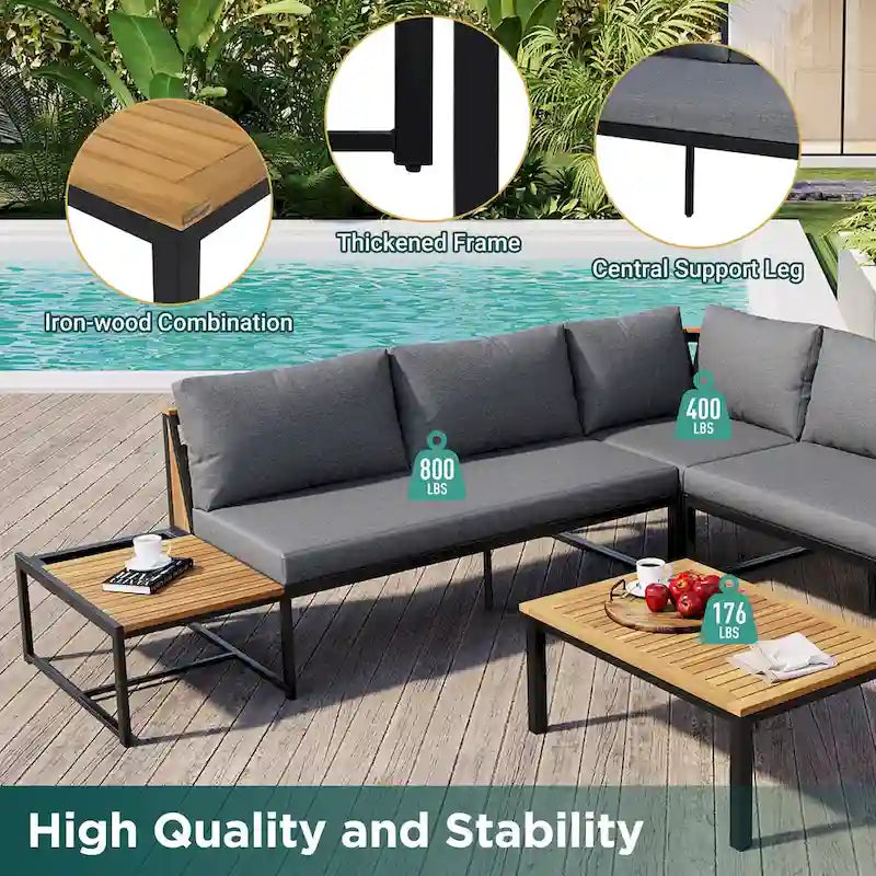 Ensemble de canapé d'extérieur 4 pièces avec coussins imperméables et conception durable en fer et bois