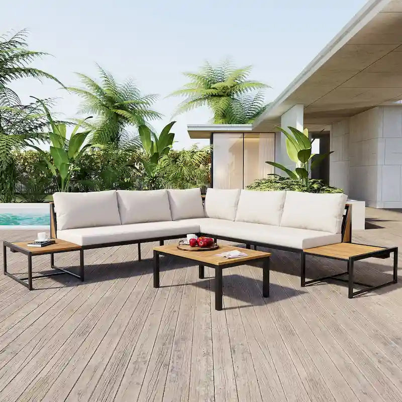 Ensemble de canapé d'extérieur 4 pièces avec coussins imperméables et conception durable en fer et bois