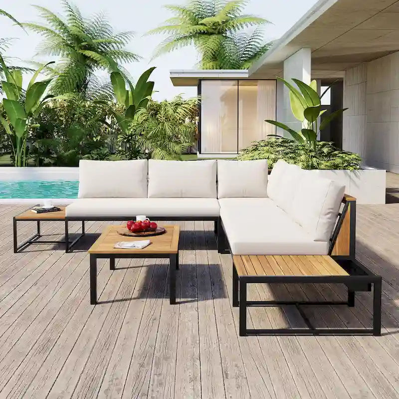 Ensemble de canapé d'extérieur 4 pièces avec coussins imperméables et conception durable en fer et bois