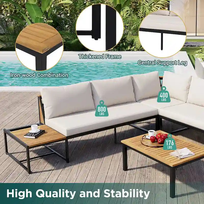 Ensemble de canapé d'extérieur 4 pièces avec coussins imperméables et conception durable en fer et bois