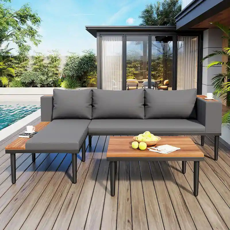 Ensemble de mobilier de patio de luxe avec coussins amovibles et table basse, canapé d'angle en bois d'acacia avec table d'appoint