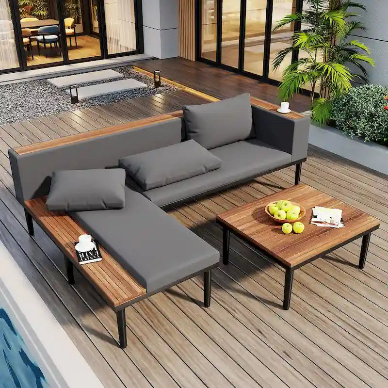 Ensemble de mobilier de patio de luxe avec coussins amovibles et table basse, canapé d'angle en bois d'acacia avec table d'appoint
