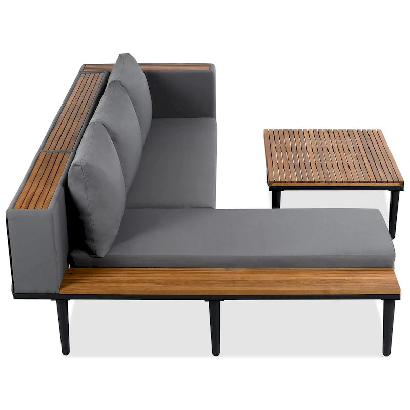 Ensemble de mobilier de patio de luxe avec coussins amovibles et table basse, canapé d'angle en bois d'acacia avec table d'appoint