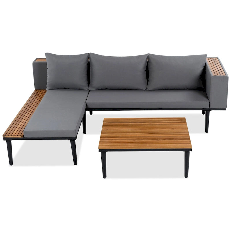 Ensemble de mobilier de patio de luxe avec coussins amovibles et table basse, canapé d'angle en bois d'acacia avec table d'appoint