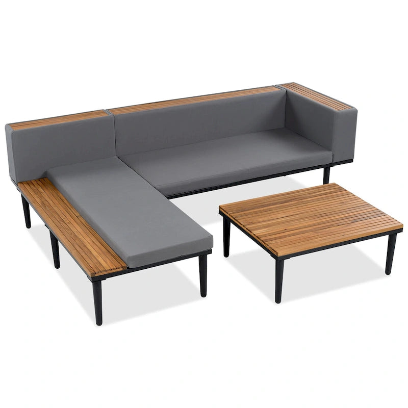 Ensemble de mobilier de patio de luxe avec coussins amovibles et table basse, canapé d'angle en bois d'acacia avec table d'appoint