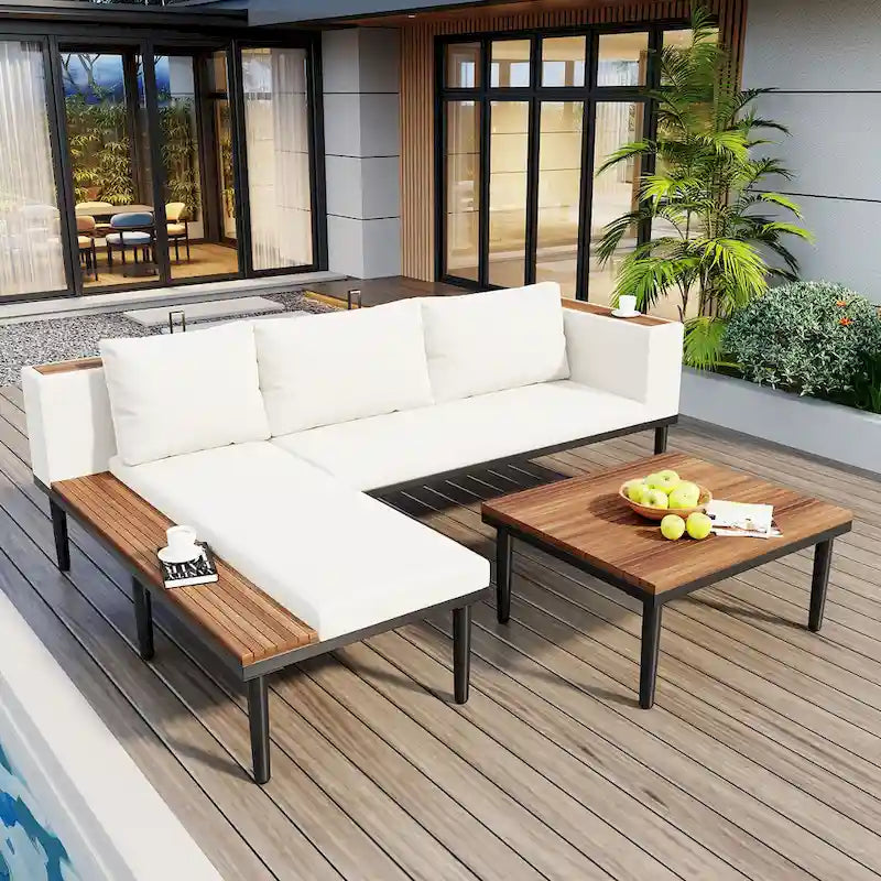 Ensemble de mobilier de patio de luxe avec coussins amovibles et table basse, canapé d'angle en bois d'acacia avec table d'appoint