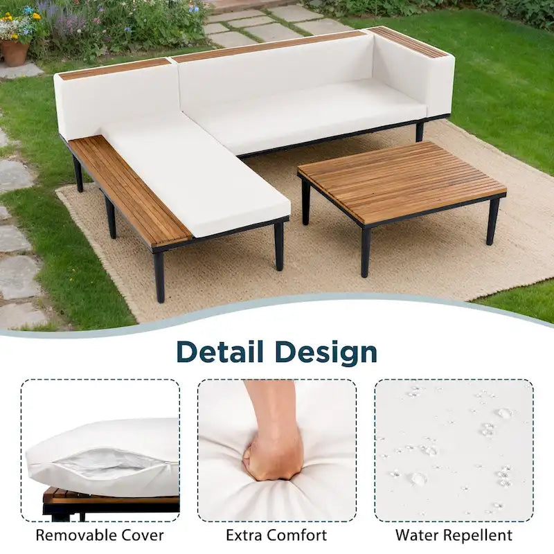 Ensemble de mobilier de patio de luxe avec coussins amovibles et table basse, canapé d'angle en bois d'acacia avec table d'appoint