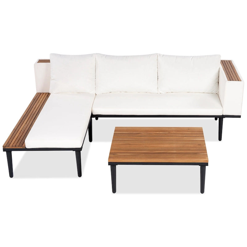 Ensemble de mobilier de patio de luxe avec coussins amovibles et table basse, canapé d'angle en bois d'acacia avec table d'appoint