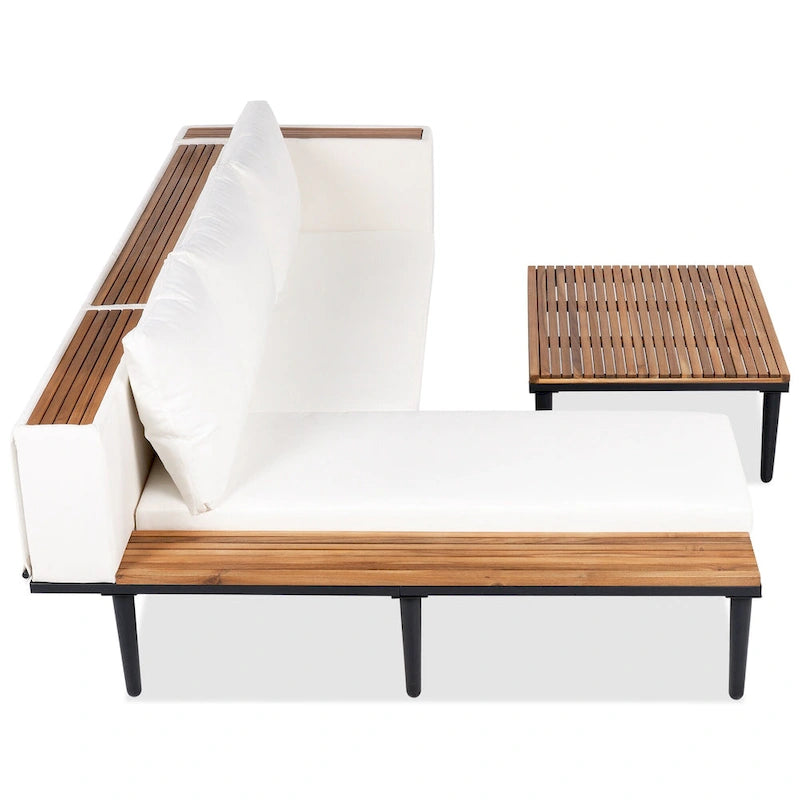 Ensemble de mobilier de patio de luxe avec coussins amovibles et table basse, canapé d'angle en bois d'acacia avec table d'appoint
