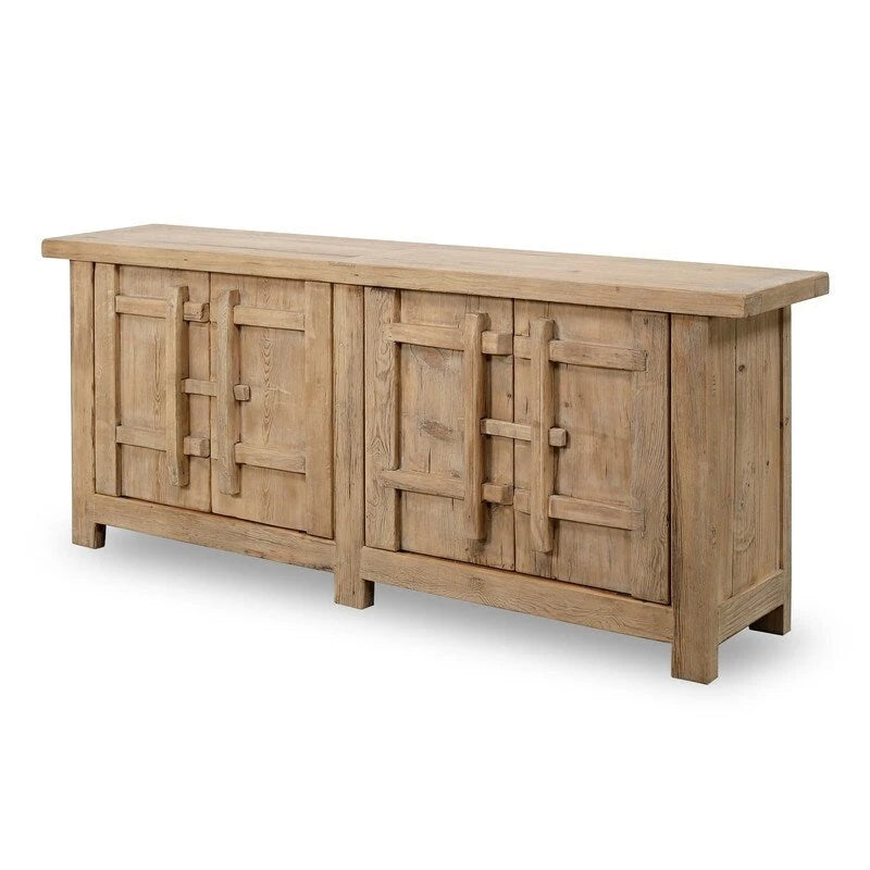 Buffet fait main en bois vieilli naturel avec étagères ouvertes