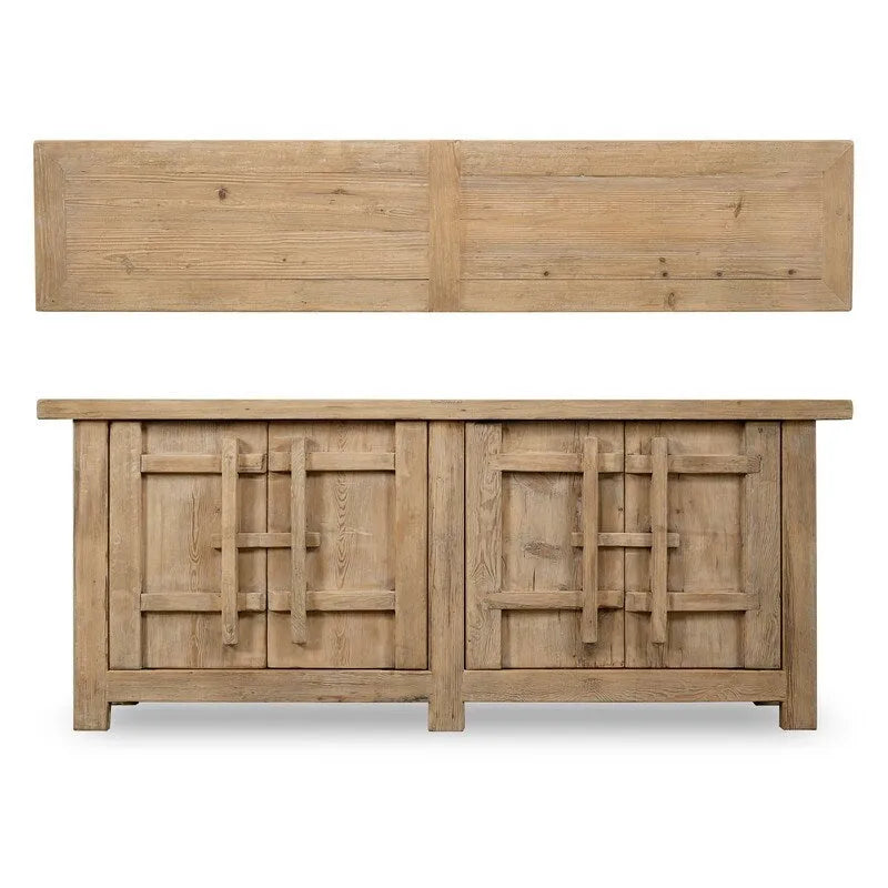 Buffet fait main en bois vieilli naturel avec étagères ouvertes