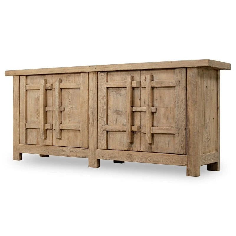 Buffet fait main en bois vieilli naturel avec étagères ouvertes