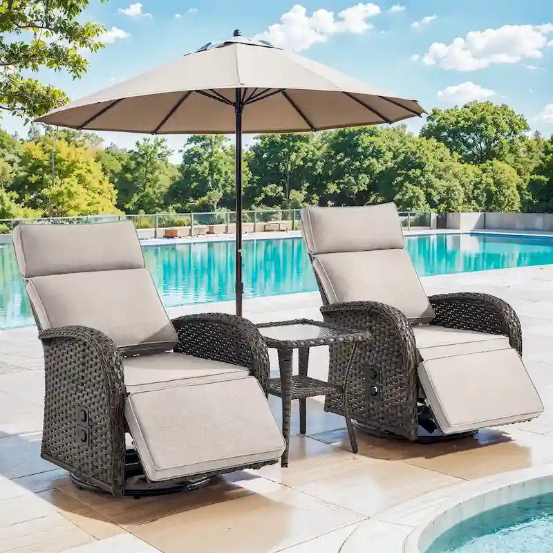 Pocassy Lot de 3 fauteuils inclinables polyvalents d'extérieur avec table d'appoint et coussin beige