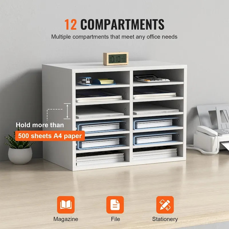Organisateur de documents 12 compartiments en aggloméré gris/blanc/marron/noir avec étagères réglables