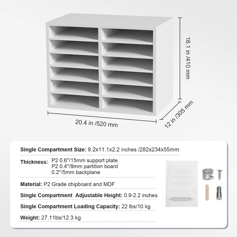 Organisateur de documents 12 compartiments en aggloméré gris/blanc/marron/noir avec étagères réglables