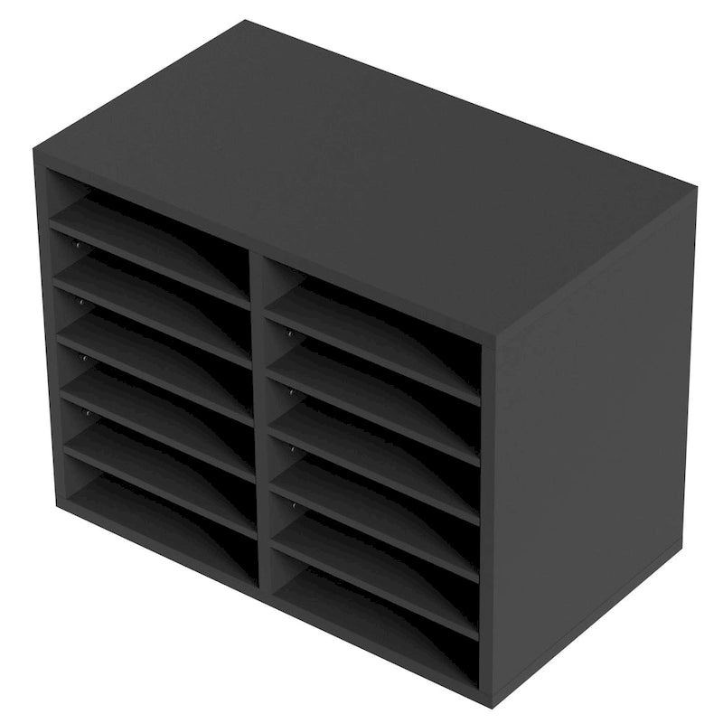 Organisateur de documents 12 compartiments en aggloméré gris/blanc/marron/noir avec étagères réglables
