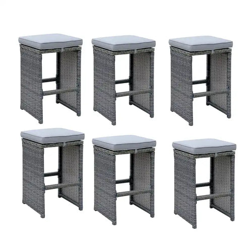 Tabouret de bar d'extérieur 6 pièces en aluminium, osier et assise en tissu rembourré, gris