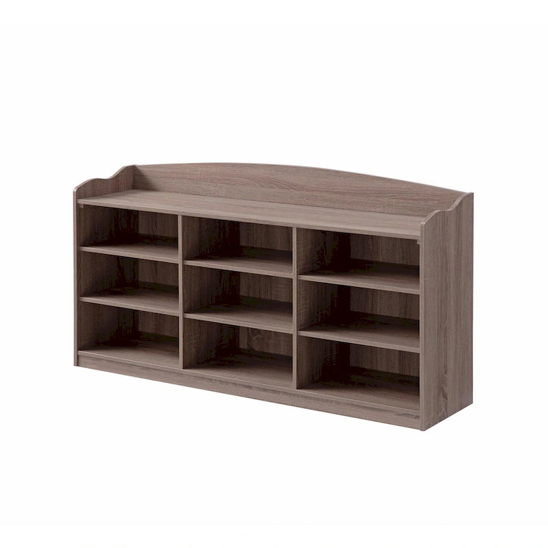 Banc à chaussures taupe avec 9 compartiments ouverts, peut contenir jusqu'à 18 paires, 1 place assise