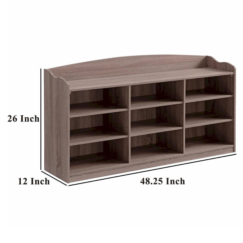 Banc à chaussures taupe avec 9 compartiments ouverts, peut contenir jusqu'à 18 paires, 1 place assise