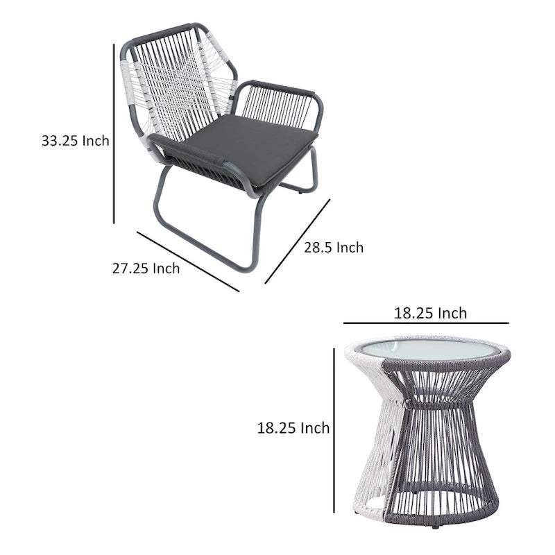 Ensemble d'extérieur 3 pièces Ciao, 2 chaises, 1 table, corde tressée grise et acier