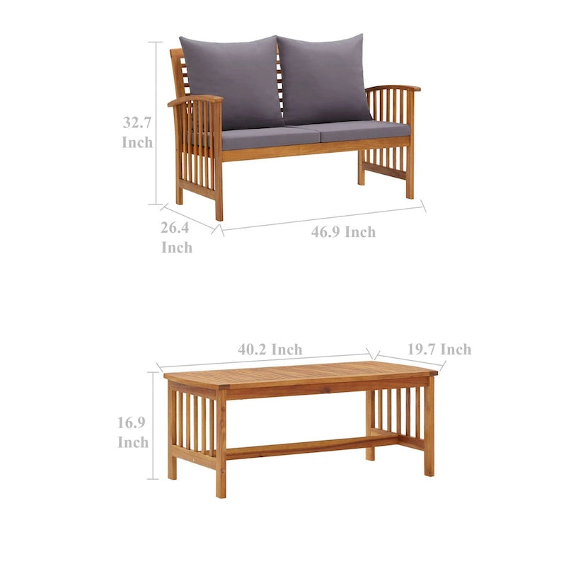 Ensemble 3 pièces de causeuse et table basse d'extérieur Mia, gris, bois d'acacia