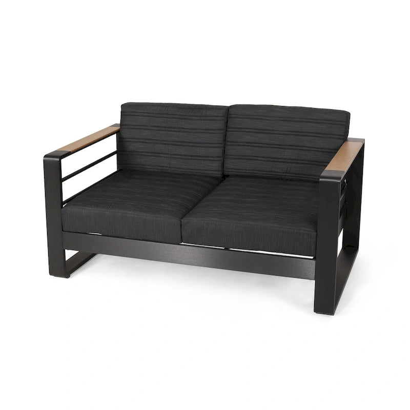 Causeuse Vinia, polyester gris foncé pour extérieur, accents en bois, noir, 57 pouces