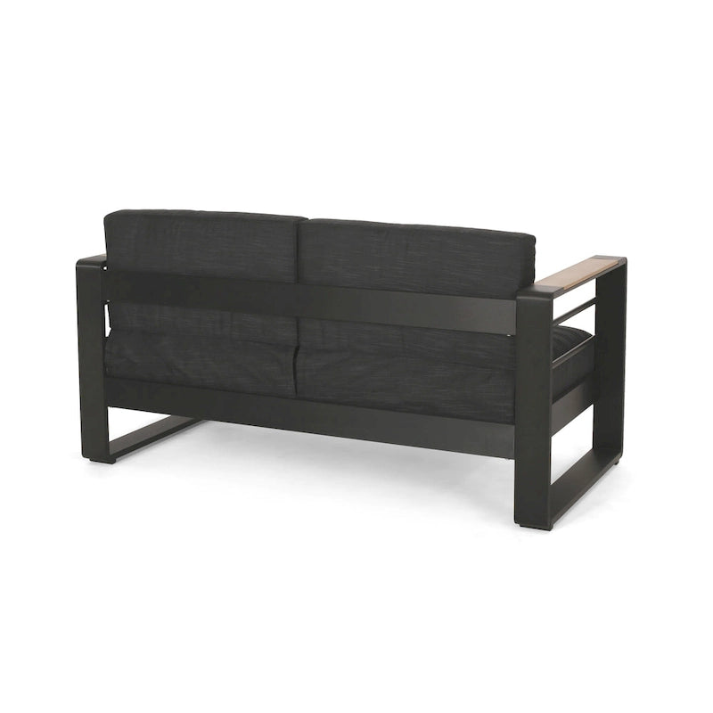 Causeuse Vinia, polyester gris foncé pour extérieur, accents en bois, noir, 57 pouces