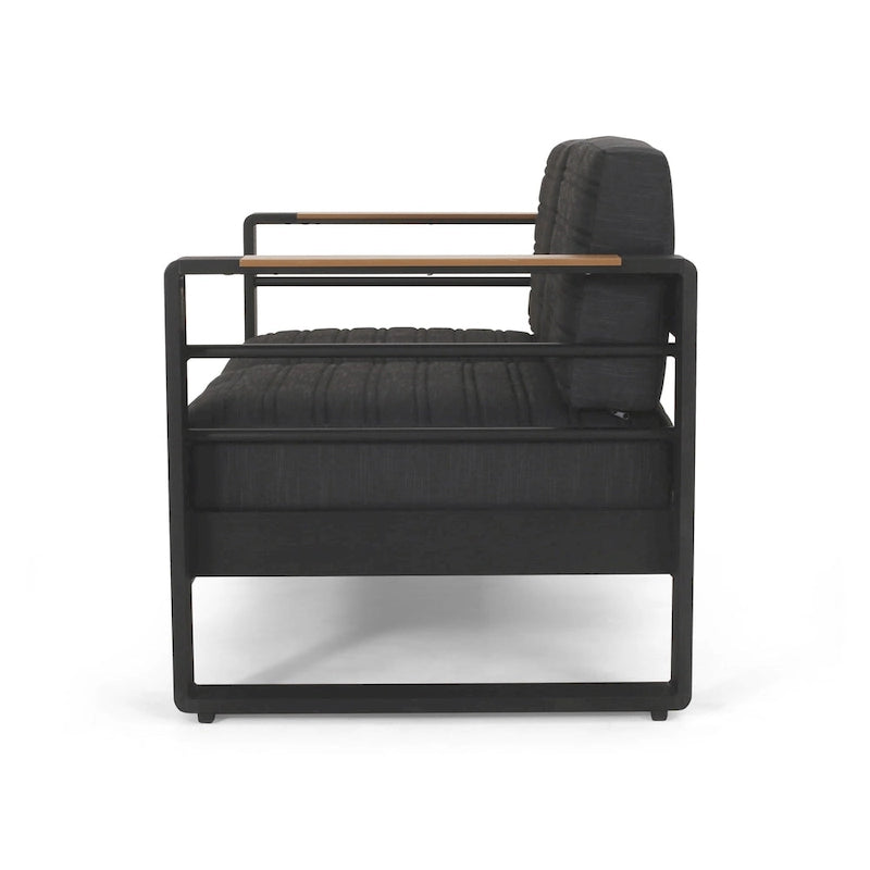 Causeuse Vinia, polyester gris foncé pour extérieur, accents en bois, noir, 57 pouces