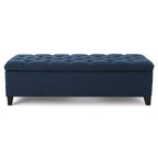 Banc de rangement capitonné en velours bleu marine avec couvercle à charnière amortie