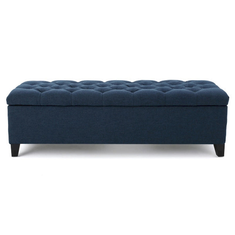 Banc de rangement capitonné en velours bleu marine avec couvercle à charnière amortie