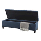 Banc de rangement capitonné en velours bleu marine avec couvercle à charnière amortie