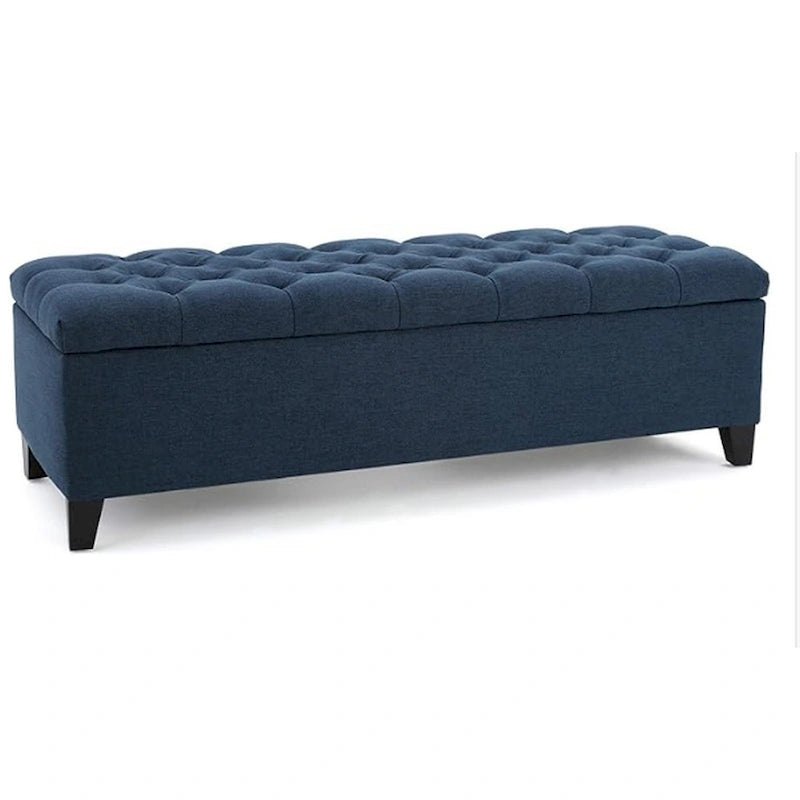 Banc de rangement capitonné en velours bleu marine avec couvercle à charnière amortie