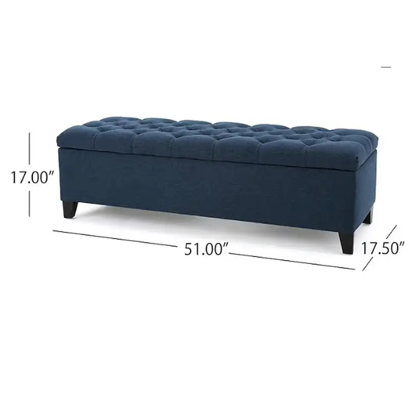 Banc de rangement capitonné en velours bleu marine avec couvercle à charnière amortie