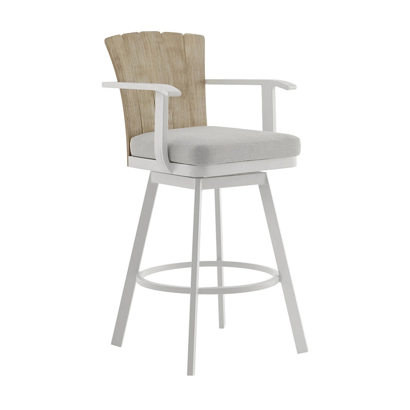 Tabouret de comptoir pivotant d'extérieur Luna 26 pouces, bois de teck rustique, blanc