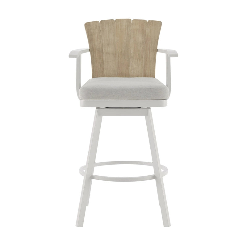 Tabouret de comptoir pivotant d'extérieur Luna 26 pouces, bois de teck rustique, blanc