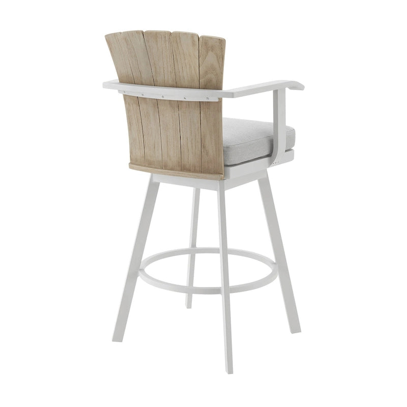 Tabouret de comptoir pivotant d'extérieur Luna 26 pouces, bois de teck rustique, blanc