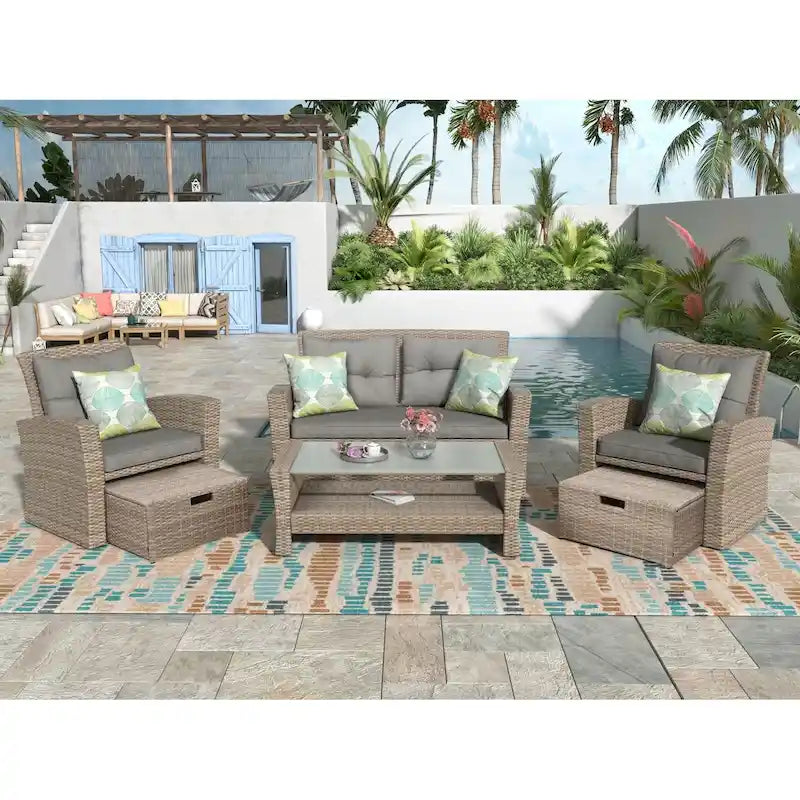 Ensemble de mobilier de patio 4 pièces, ensemble de conversation extérieur toutes saisons, canapé d'angle en osier avec ottoman et coussins
