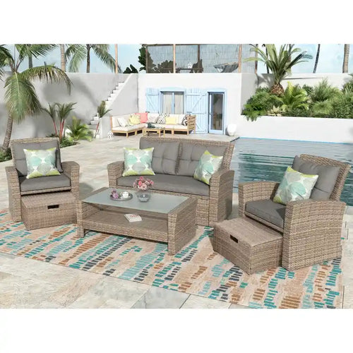 Ensemble de mobilier de patio 4 pièces, ensemble de conversation extérieur toutes saisons, canapé d'angle en osier avec ottoman et coussins